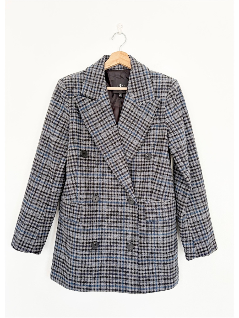 7 For All Mankind || Plaid Wool Double Breasted Coat Gray Blue XS